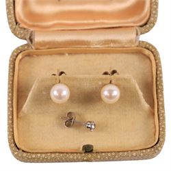 Pair of 9ct gold pearl earrings and a single 9ct white gold old cut diamond stud earring