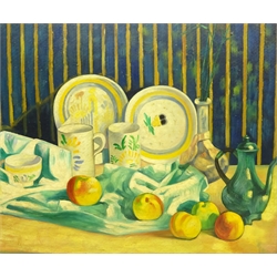  Follower of Duncan Grant (British 1885-1978): Still life of Art Deco Pottery and Apples, oil on canvas laid on board unsigned 49cm x 59cm  