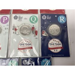 The Royal Mint United Kingdom 2018 A-Z ten pence coin collection, each housed on card