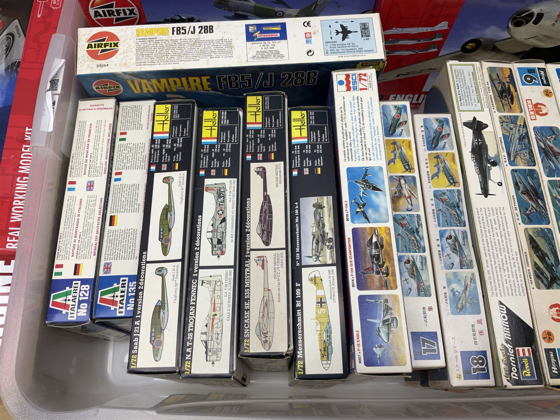 Twenty-eight model aircraft construction kits by Airfix (6) including Jet Engine; Hasagawa (5); LS (2); Italeri (2); Revell (2); ESCI (3); Heller (4); AMT ERTL, Matchbox, Lindberg and Hales; all boxed (28)