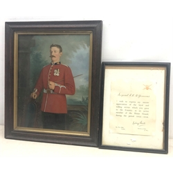  Hand overpainted painted Portrait photograph of a Victorian Army Officer in dress uniform with the Queens South Africa medal and and five bars and ANOTHER medal, 37cm x 30cm and a framed Home Guard appreciation to Sgt.A.M.M.Yeomans (2)  