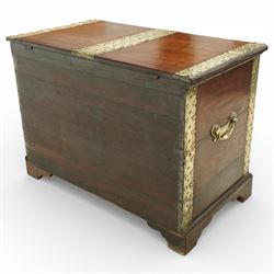 Georgian mahogany brass bound plate chest, the rectangular hinged top mounted with pierced and studded brass straps, fitted with pierced brass escutcheon and large brass handles to the side, lower moulded edge on bracket feet