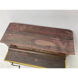 Faventia Half size miniature Spanish barrel piano with a 40cm cylinder playing tunes on a 37 note movement including woodblock and triangle, in a painted case with silk embroidered decoration to the front.  Vicente Linares, Barcelona trade label, with original crank handles, stringing, hammers action, tuning pins and cylinder