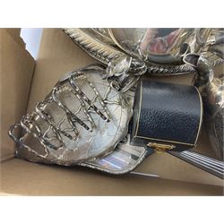 Quantity of silver plate to include cased silver plated fish knife and fork with hallmarked silver ferrules, teapots, etc