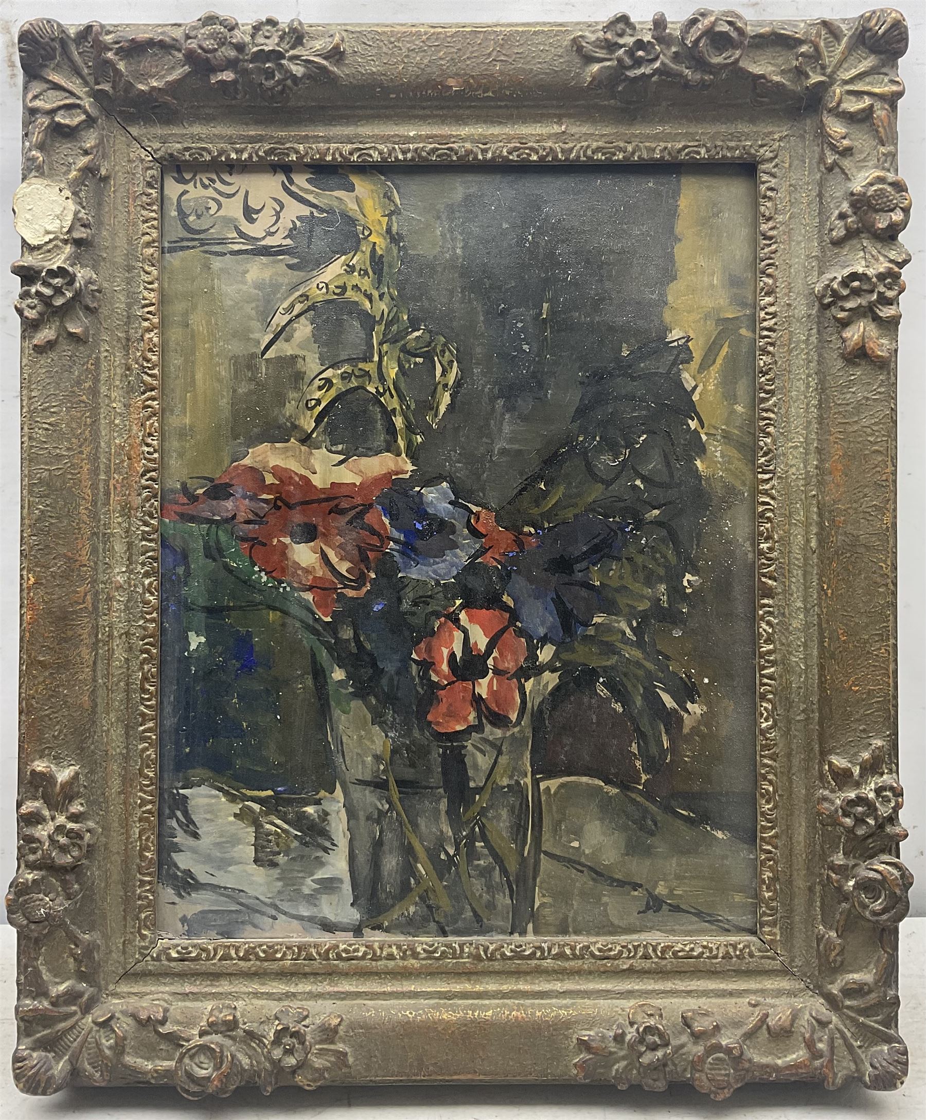 Keith Stuart Baynes (British 1887-1977): 'Red and Blue' Still Life of Flowers in a Vase, oil on board unsigned, labelled verso 45cm x 35cm