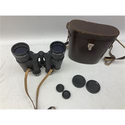 Five pairs of binoculars to include Hilkinson 10x50 Field, in case, Simor 8x30, in case etc and Leitz Wetzlar leather case