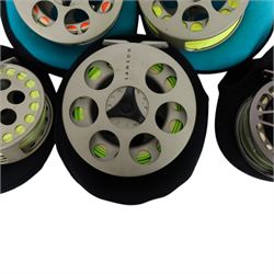Five Lamson Litespeed fly reels, comprising LS4, two LS2, two LS3.5, all within Lamson soft pouches