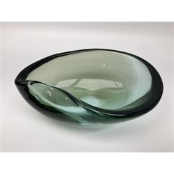 Mid 20th century Murano green glass bowl, with pulled and polished rim,  designed by Alfredo Barbini, signed A Barbini, Pauly to underside, H9cm