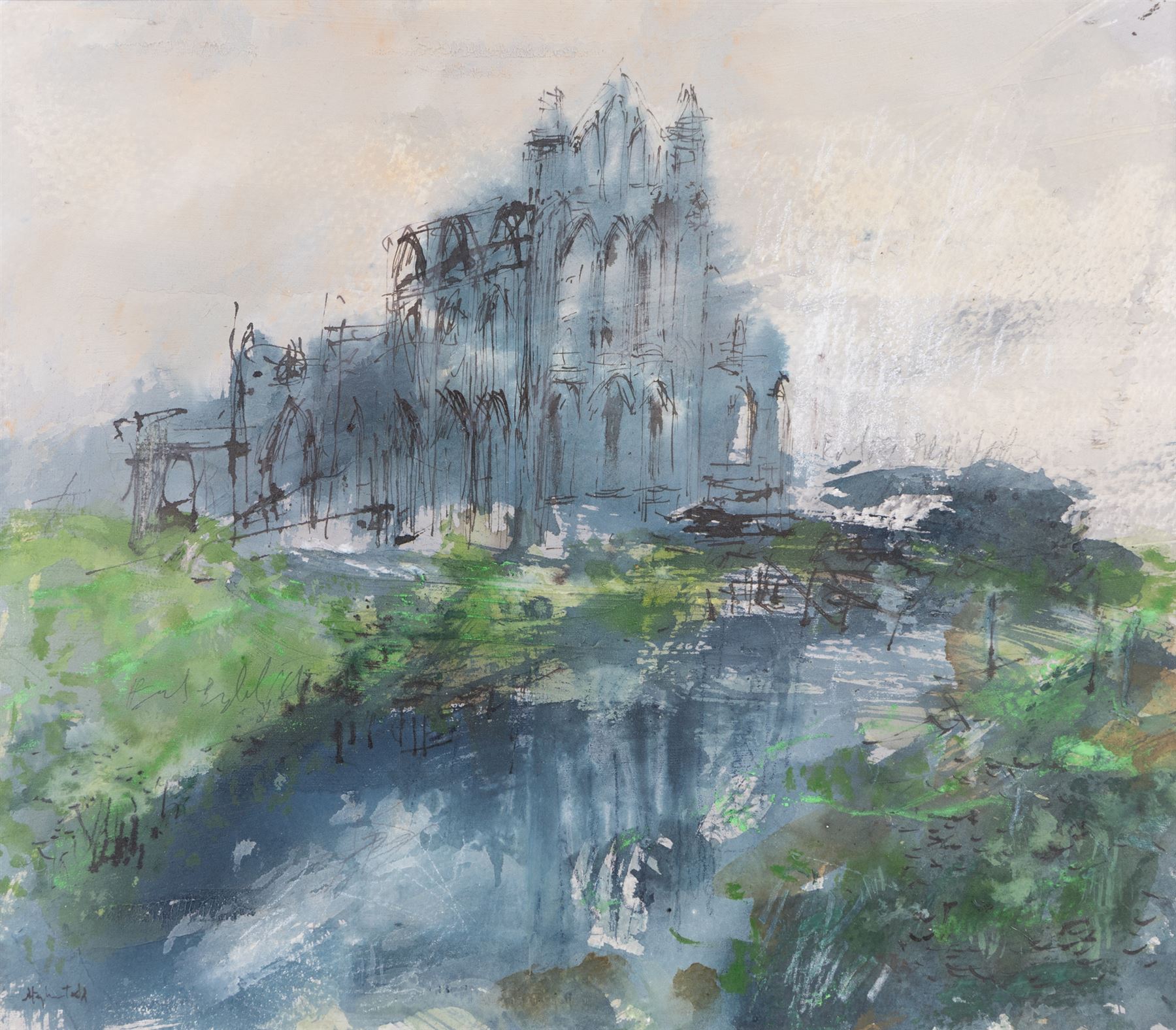 Stephen Todd (Northern British Contemporary): 'Whitby Abbey' - Early English Gothic, gouache pastel graphite and India ink signed, titled verso 23cm x 27cm