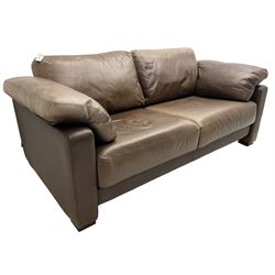 Heals - contemporary two seat 'Palermo' sofa, upholstered in chocolate brown leather, raised on wooden block feet
