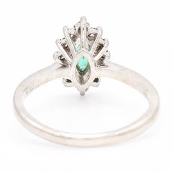 18ct white gold emerald and diamond cluster ring, single marquise cut emerald 0.25 carat, surrounded by twelve round brilliant cut diamonds, London 1979, total diamond weight approx 0.25 carat