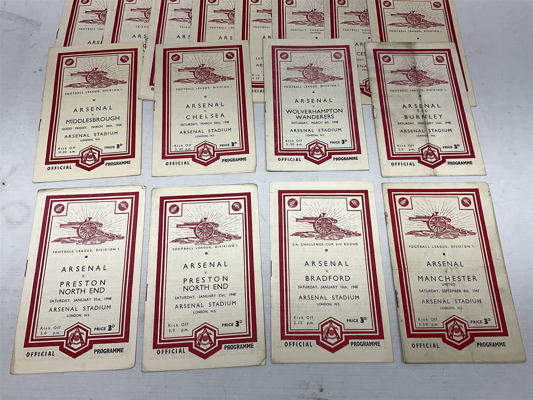 Arsenal F.C. - twenty-five home programmes 1947/48 including Division One, F.A. Cup, Football Combination Cup (Reserves) and a Friendly Match; some Souvenir editions and duplicates (25)