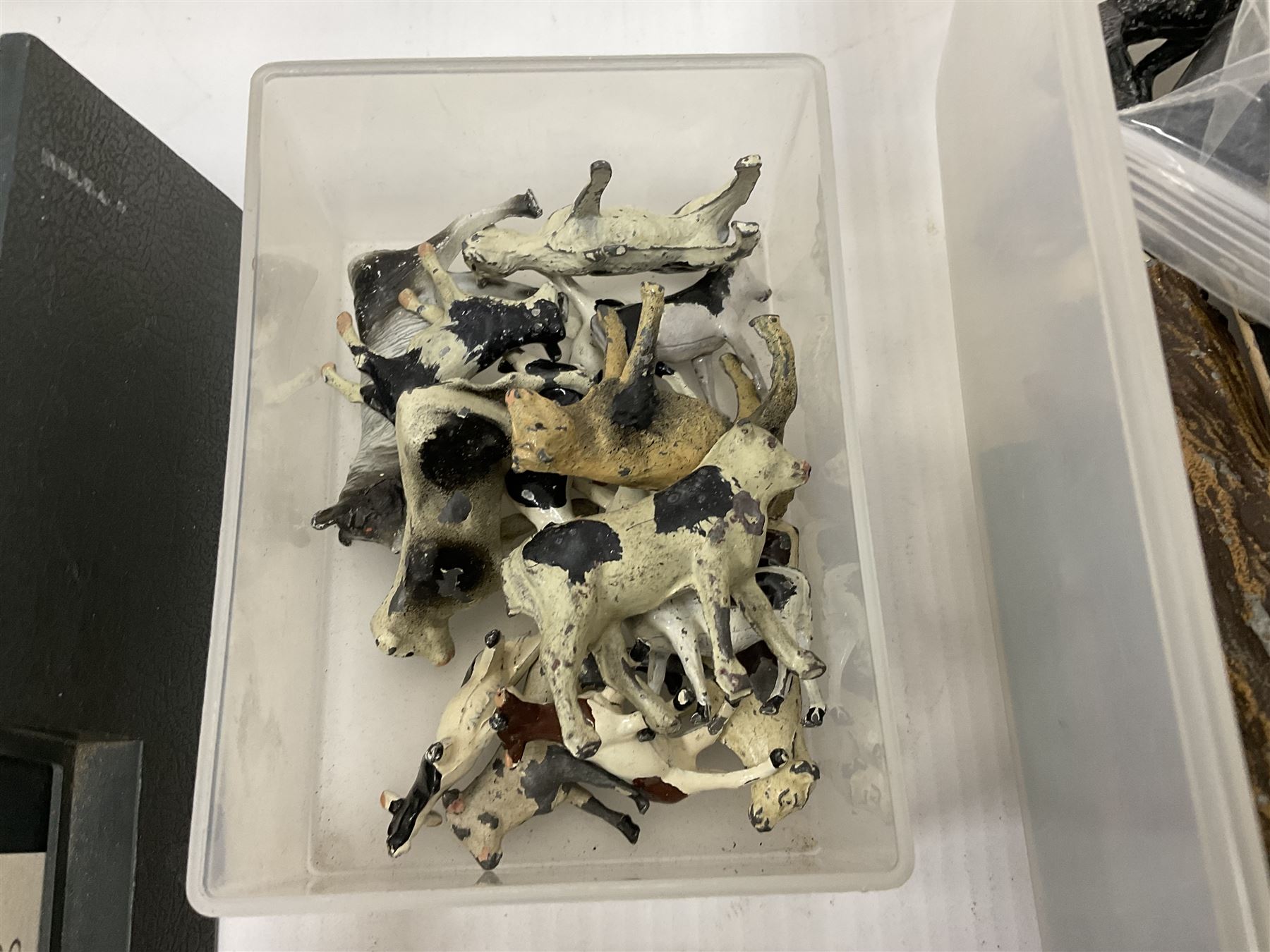 Large quantity of playworn 1950s Britains and other lead figures including farm and zoo animals, horse drawn carts, fencing etc