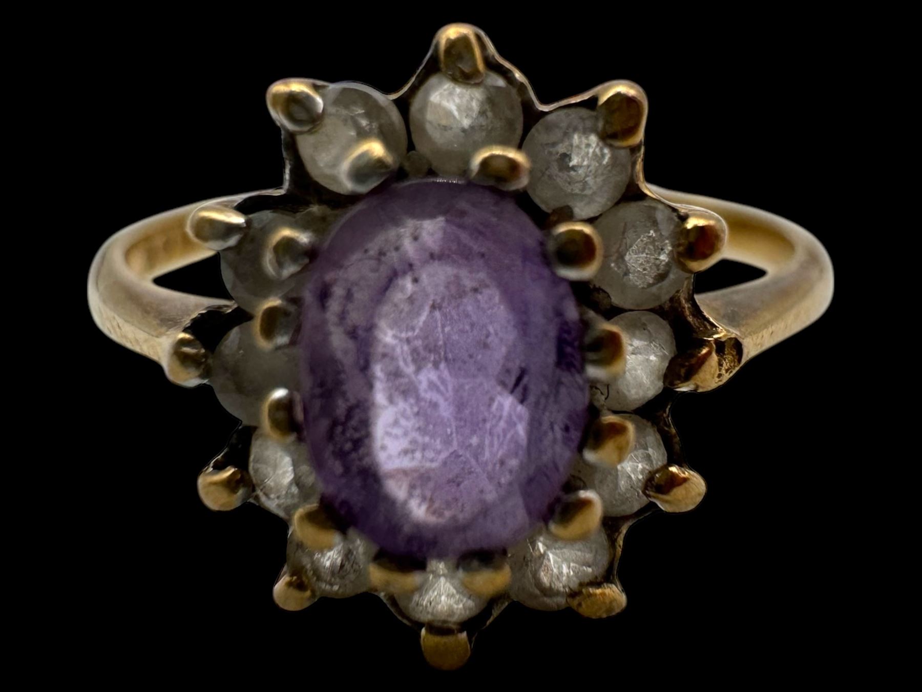 Two gold paste stone set full eternity rings and two gold cluster rings, all 9ct