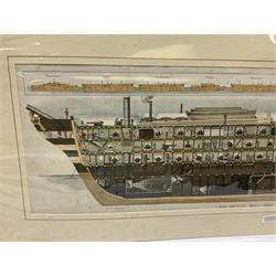 After J.R. Wells, two Illustrated London News 1886 colour print supplements entitled 'Types of the Royal Navy of Great Britain' depicting various vessels with details printed on the bottom margin 38 x 105cm unframed but card mounted; and another similar entitled 'Our British Navy - Past and Present' depicting a cut-out section showing all decks; printed for The Boys Own Paper; unframed but card mounted (3)