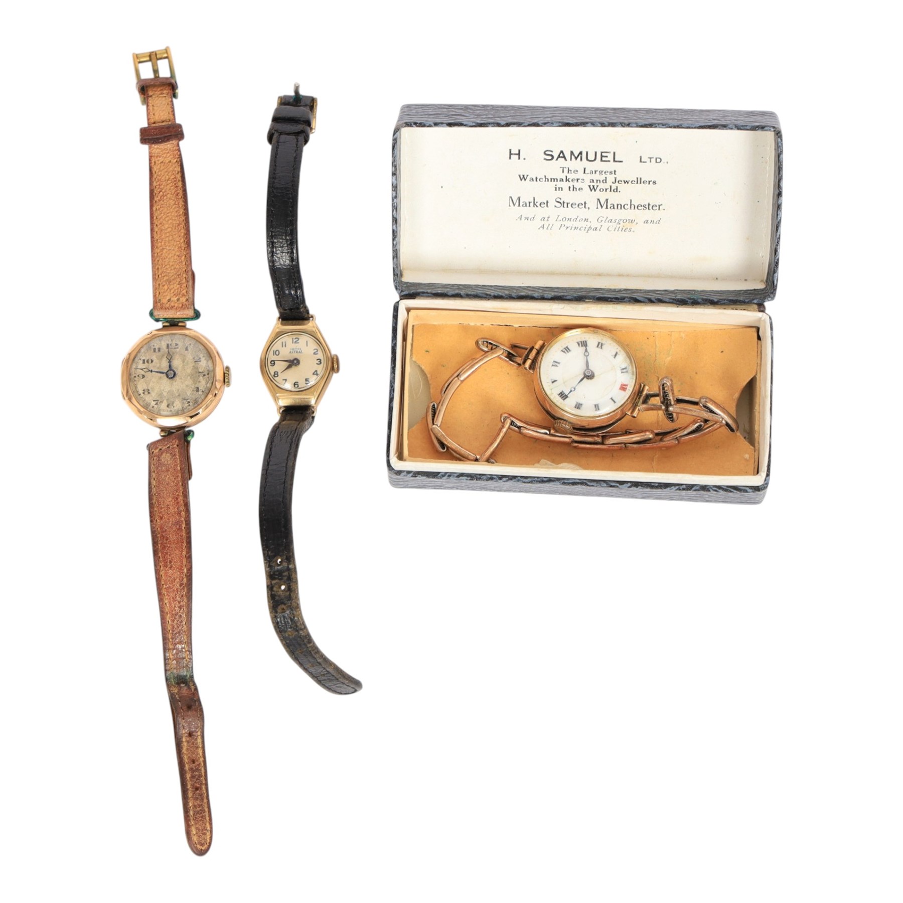Three 9ct gold cased ladies wristwatches, including two with leather straps and one with an expanding gilt strap 