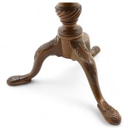 Georgian design mahogany tripod table, moulded piecrust tilt-top, turned pedestal with twist baluster, on three acanthus carved splayed supports with foliate cartouche carved terminals