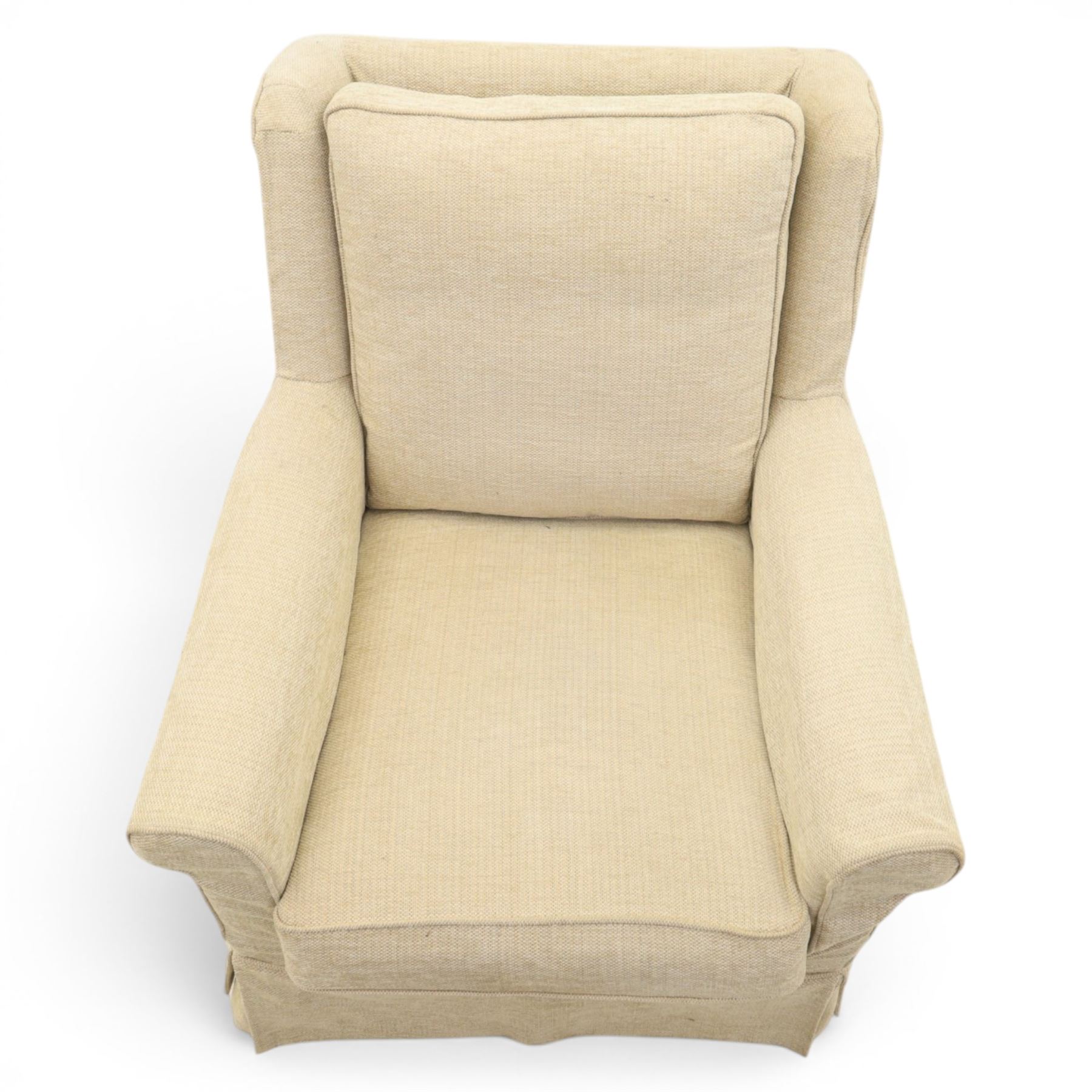 Wesley Barrel - two seater sofa and matching armchair,with scrolled arms and loose cushions, beige chenille fabric, raised on castors  (Armchair: H 100cm, D 100cm, W 87cm)