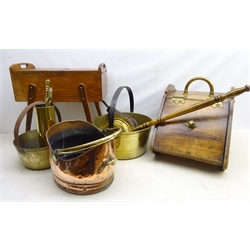 Victorian stained pine coal compendium, two graduated brass preserve pans, trench art shell case, 19th century copper coal bucket, embossed brass bound slipper box & matched bellows, vintage sewing box etc   