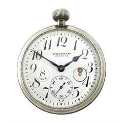 Early 20th century keyless lever, 15 jewels 8 days goliath pocket watch by Waltham Watch Co. No. 16630451, white enamel dial with Arabic numerals, case stamped 'Patented Mar 19'12' and numbered 1189 