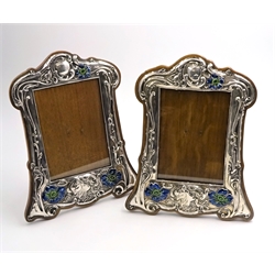 Pair of Art Nouveau silver and enamel on oak freestanding photograph frames by R U & Co Birmingham 1905 H.21.5cm  