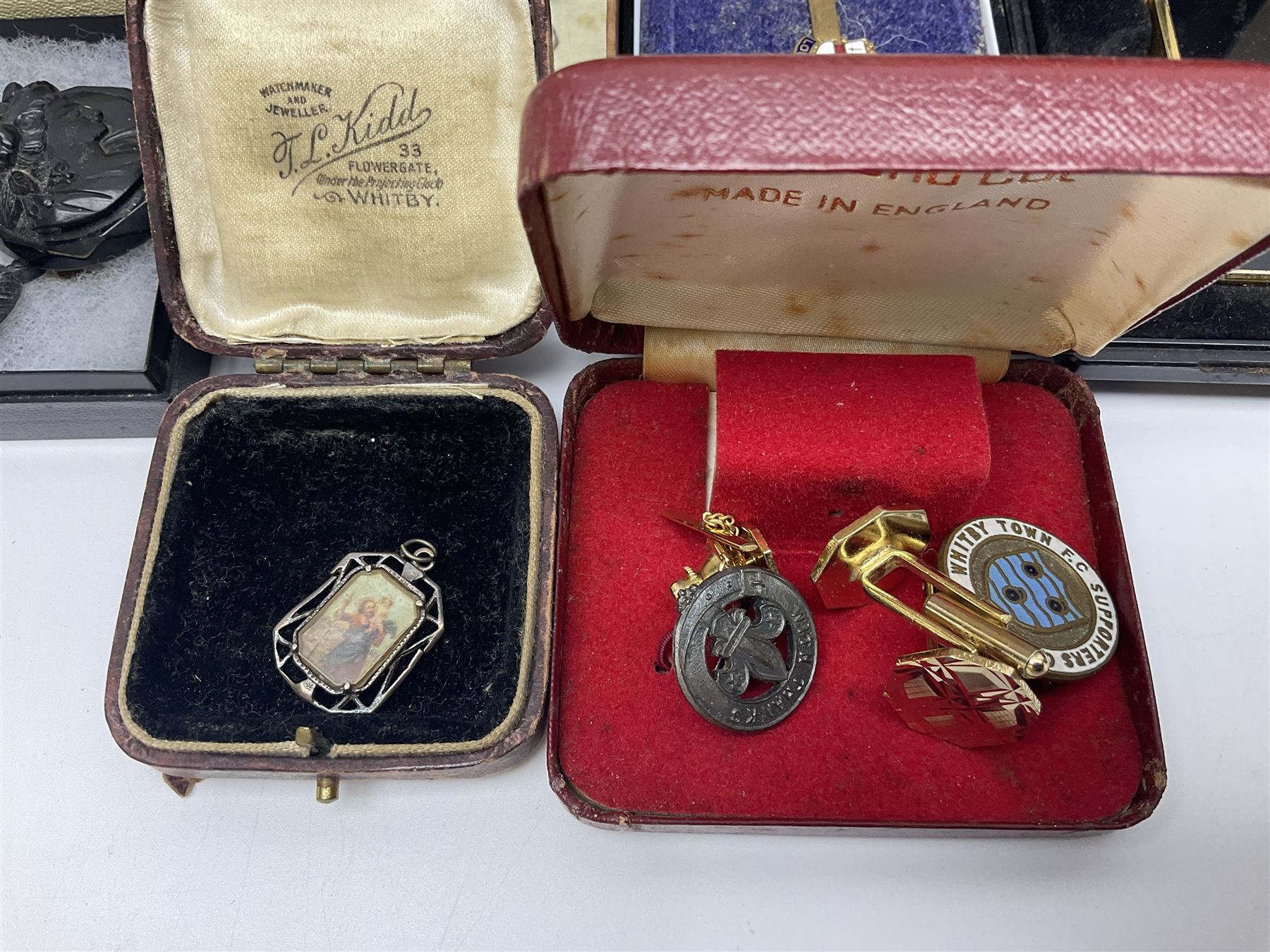 Silver jewellery including St Johns Ambulance medal, tiger's eye necklace, identity bracelet, etc, together with Festival of Britain powder compact, Ippag dice lighter, Win International lighter, Victorian and later costume jewellery and wristwatches