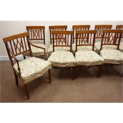  Set ten (8+2) Georgian inlaid mahogany dining chairs with serpentine front leather upholstered seats, turned tapering supports, W54cm  