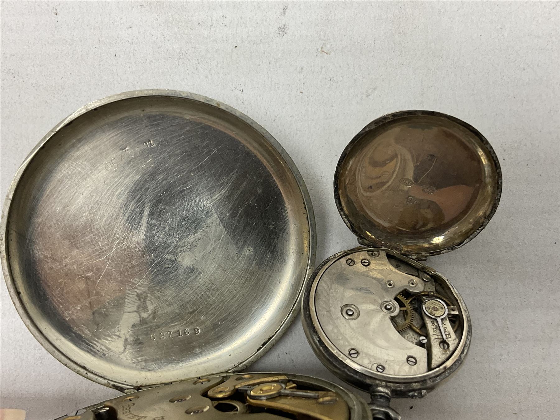 Three silver cased open face pocket watches, together with two other watches, horn pendent etc 