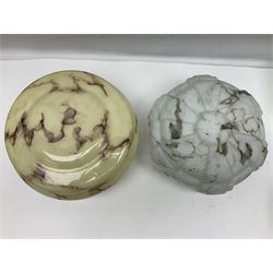 Six Art Deco glass fly catcher light shades, including marbled, mottled and frosted glass examples, largest D31cm