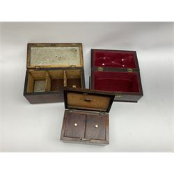 Three George III tea caddies, comprising mahogany example with brass escutcheon and handle to the hinged cover, opening to reveal a later red velvet lined interior, H13.5cm, another mahogany example, and yew example, both with shell and patera inlaid detail 