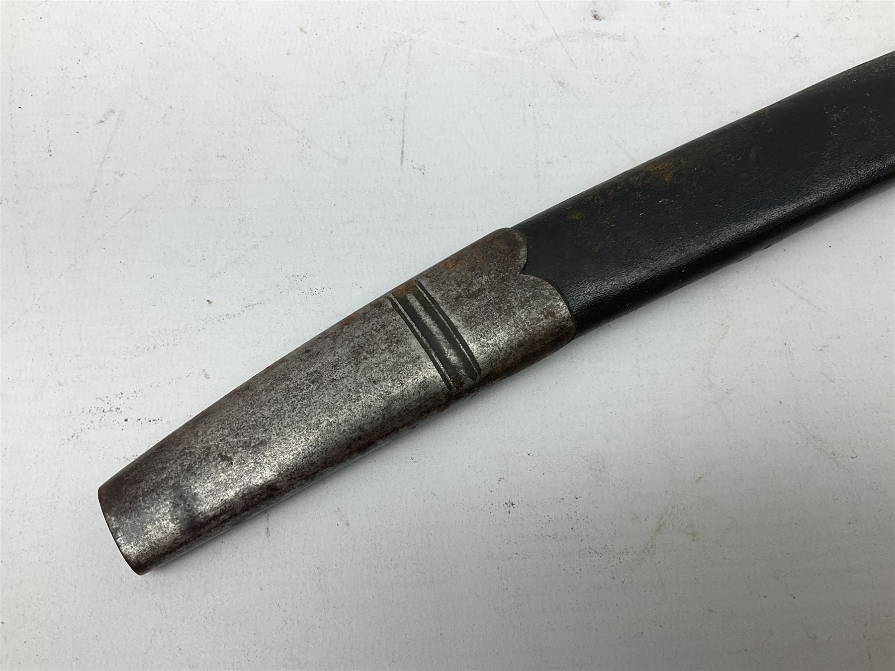 19th century Bayonet with 58cm fullered Yataghan shaped blade, stamped with anchor mark, with leather scabbard