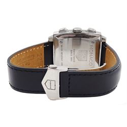 Tag Heuer Monaco gentleman's automatic chronograph wristwatch, circa 2005, Ref. CW2111-0, black dial with date aperture at 6 o'clock, subsidiary dials at 3, 6 and 9 for seconds, 30 minute and 12 hour recording, on black leather strap with original fold-over clasp