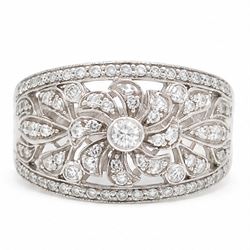18ct white gold diamond floral ring, milgrain and pierced design set with round brilliant ...