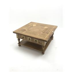 Teak and tile inset square coffee table, six drawers, baluster supports joined by undertier 