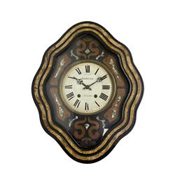 Bonnetou - 19th century French 8-day vineyard wall clock, with an ebonised and scumbled surround with mother of pearl and contrasting decorative inlaid sections, brass bezel ring to the 9