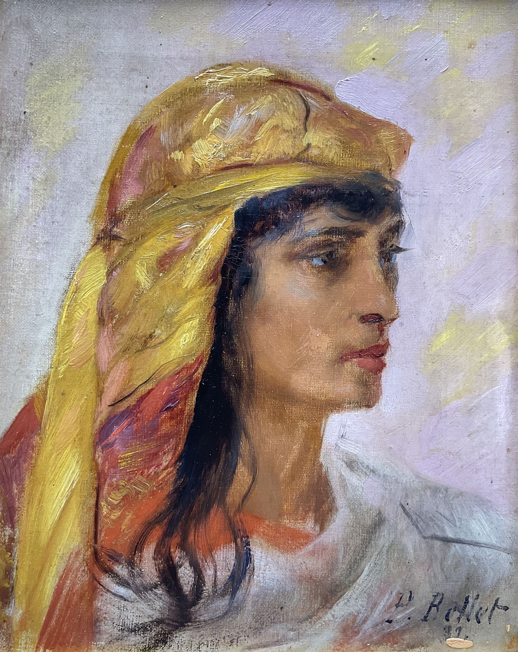 Pierre Auguste Bellet (Romanian/French 1865-1924): Young Lady with Headscarf, oil on canvas signed and indistinctly dated 23cm x 19cm