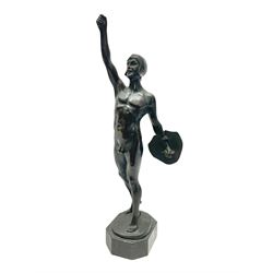 After Franz Iffland, bronzed figure, modelled as a man with fist raised holding a shield, signed to base, upon an octagonal base, H37cm