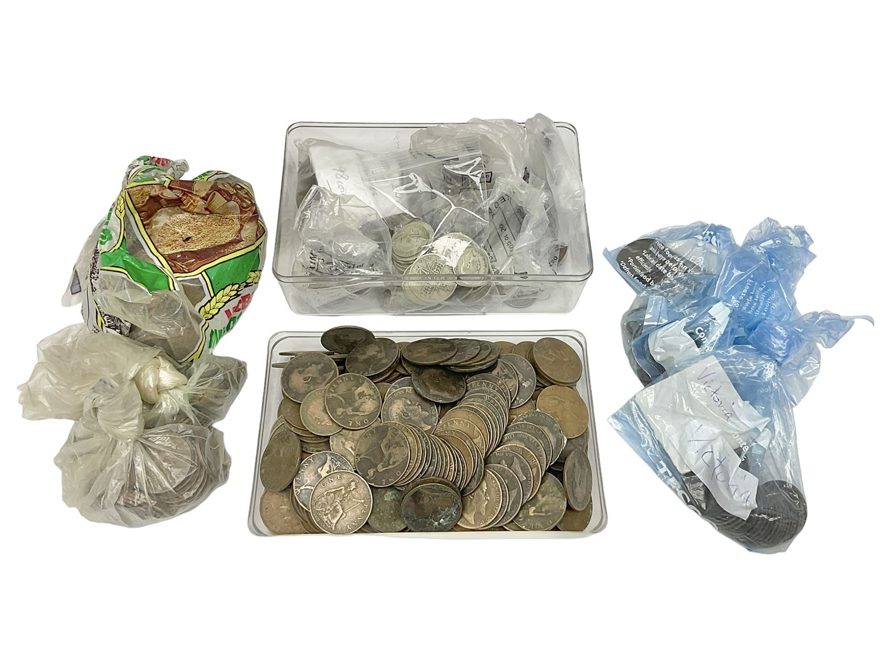 Approximately 200 grams of Great British pre 1947 silver coins including shillings, florins etc, pre-decimal pennies and other coinage