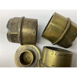 Three brass cart wheel hub caps for W. Johnson & Son Builders Hull, another for W. Harrison Builder Hull, copper printing plate for Hull & Barnsley Railway Timetable, two Hull & District Road Transport Training Group Advanced Driver car badges and framed 1952 car road task disc (8)  