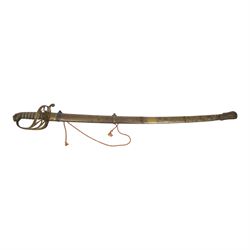British Victorian 1845 Pattern Infantry Officer's Sword, by Henry Wilkinson, the 81cm blade by Henry Wilkinson, etched with the crowned VR cypher amidst scrolling foliage,folding sideguard, wire bound fishskin covered grip, within brass scabbard, twin suspension rings, overall L100cm