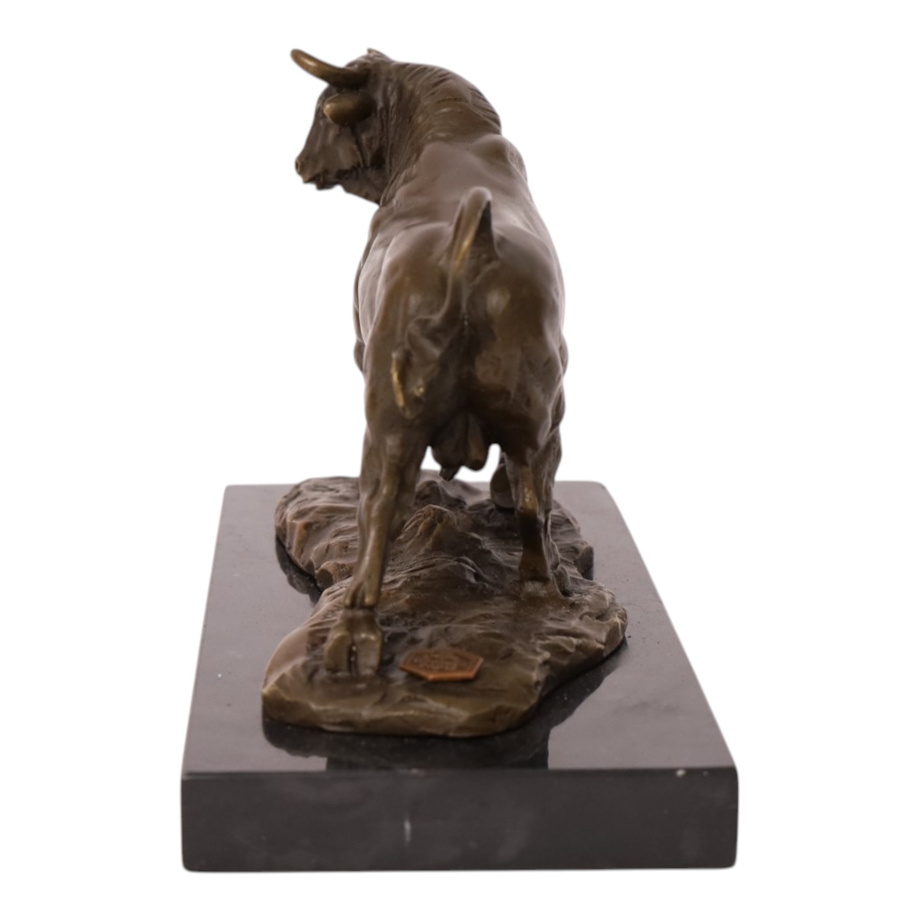 After Antoine-Louis Barye: bull upon naturalistic base, bronze, signed A Barye and bearing foundry mark, upon rectangular black stone plinth, overall H14cm L21cm
