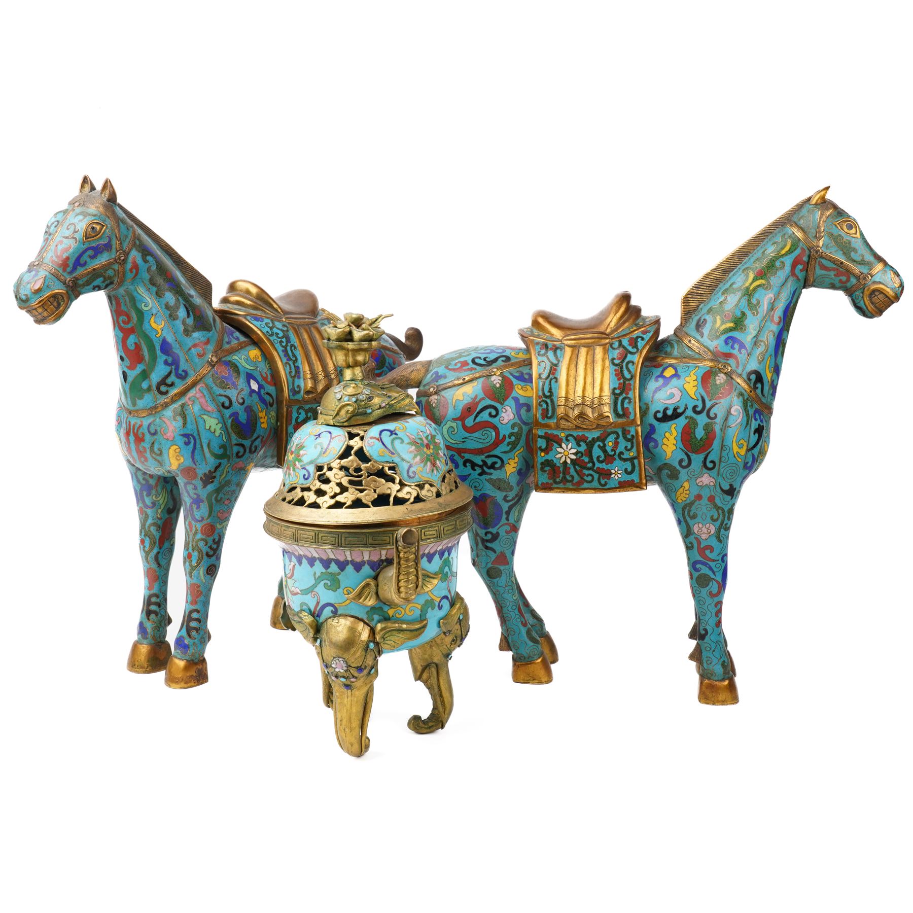 Pair of Chinese 20th century cloisonne Tang style horses with removeable saddles H35cm and a cloisonne and gilt metal koro