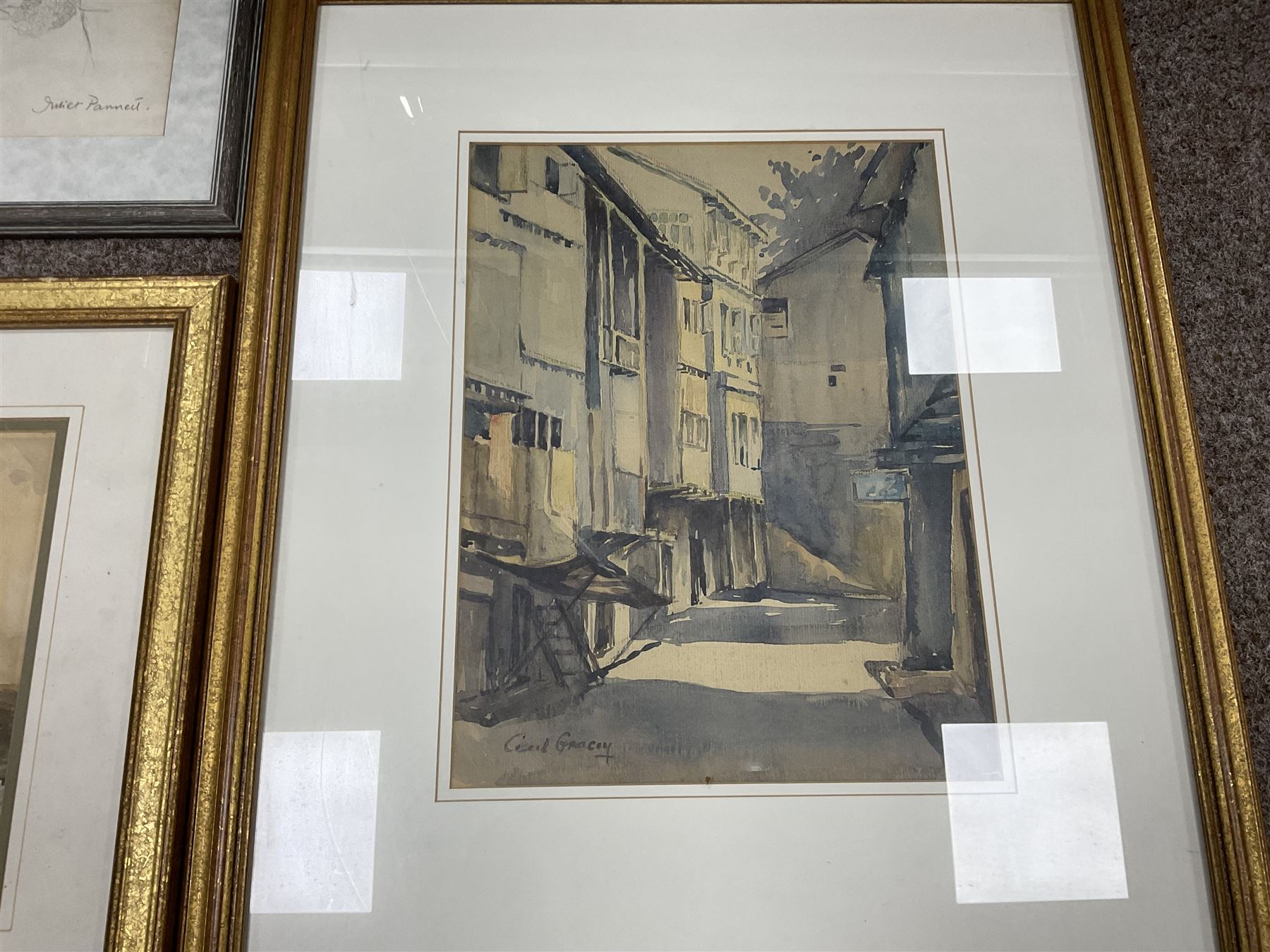 Watercolours and paintings, including Cecil Gracey street scene, Juliet Pannett pencil, portrait oil, coastal watercolour in quality gilt frame, William Ashton herding cattle watercolour, Ernest Forbes oil, etc