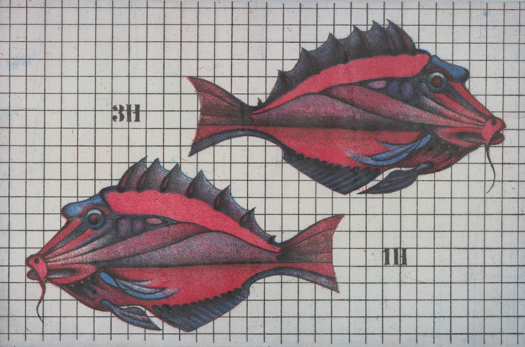 Hans-Joachim 'Jockel' Reisner (German 1938-2023): 'South Sea Fish', limited edition coloured etching signed titled dated 1989 and numbered 6/12 in pencil 20.5cm x 31.5cm (2)
Notes: Reisner is best known for creating the Bradford City Fire Memorial in 1986. His style of printmaking is characterised by geometric lines and shapes, influenced by his degree in engineering.