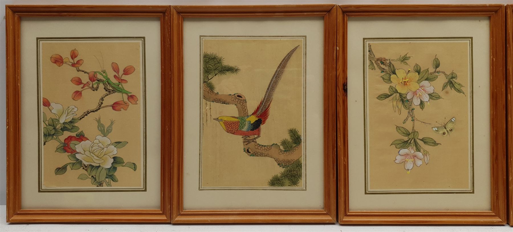 Chinese School (20th century): Birds and Flowers, set five watercolours on silk 18cm x 12cm, an etching of Tin Ghaut Whitby and a print of the same subject max 21cm x 13cm (7)