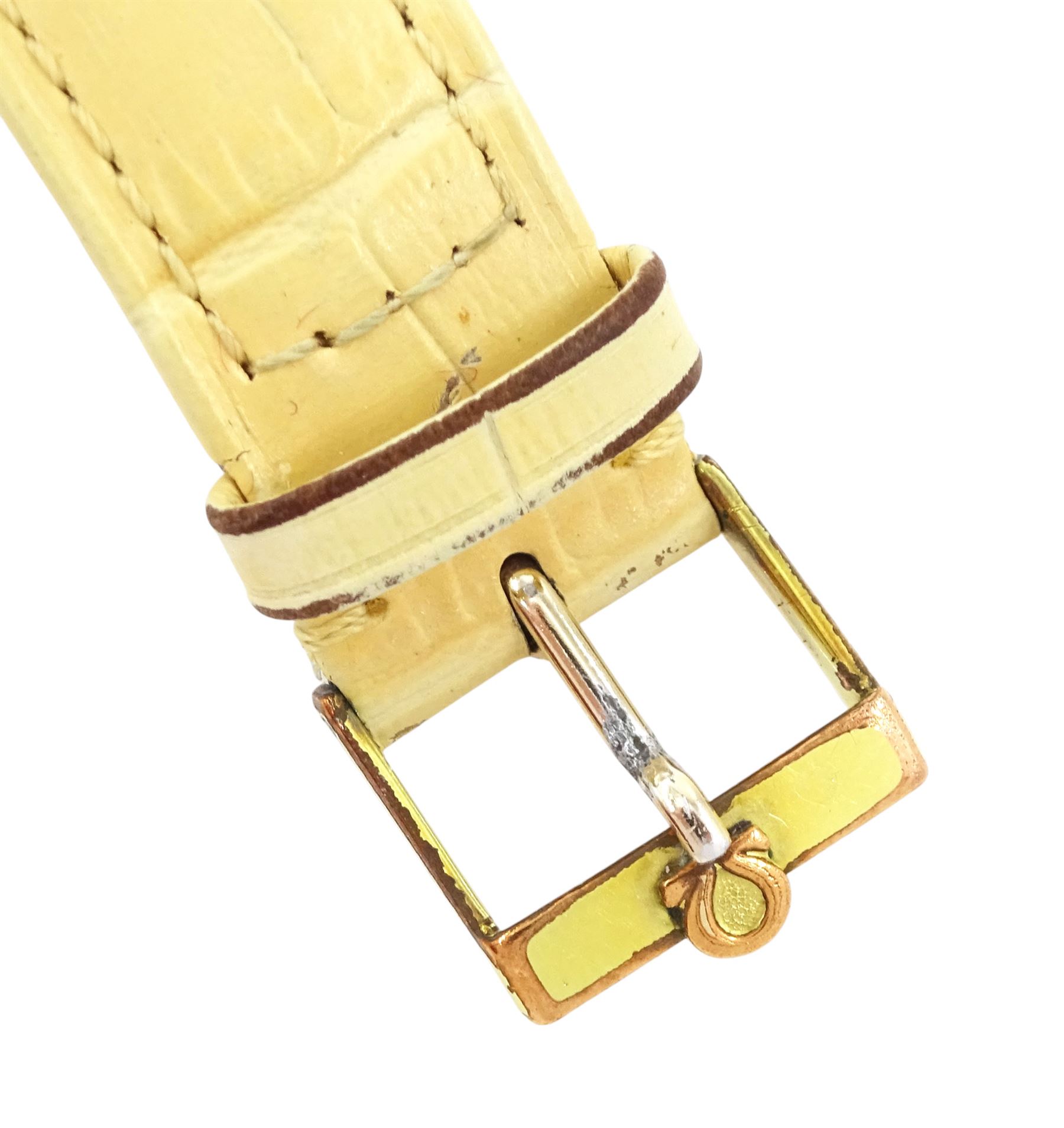 Omega Genève gentleman's stainless steel and gold-plated manual wind wristwatch, Ref. 135.0041, silvered dial with baton hour markers, on cream leather strap, with Omega gilt buckle, boxed with papers dated 1974