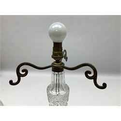 Early 20th century cut glass table lamp and shade, H43cm