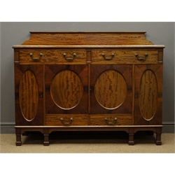  Early 20th century mahogany sideboard, raised back, two short and two long drawers, four panelled cupboard doors, W141cm, H107cm, D52cm  