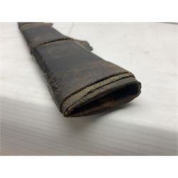 Chinese Boxer Rebellion Period Sword, 69.5cm heavy curved single edge blade with single narrow fuller, plain iron dished circular guard, iron pommel and ferrule with plaited cord bound grip; in skin covered wooden scabbard with iron chape and long suspension mount L95cm overall