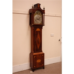  Early 19th century inlaid mahogany longcase clock with 48cm silvered arched dial with calendar aperture, signed John Hall Beverley, arch inscribed 'Time Shews the Way of Lives Decay' pagoda top hood with fluted brass capped columns, arched door with arched door and base inlaid with fans and leafage or bracket feet, 8 day movement striking or a bell, H230cm  